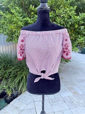 Off-Shoulder Red Gingham Tie-Front Top